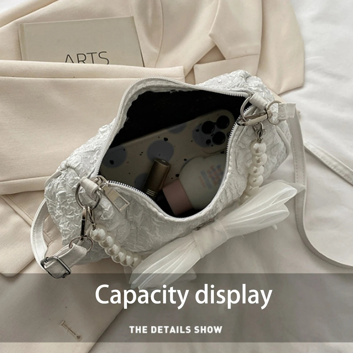 White Retro Bow Pearl Handle Shoulder Bag – Trendy Folded Crossbody Bag