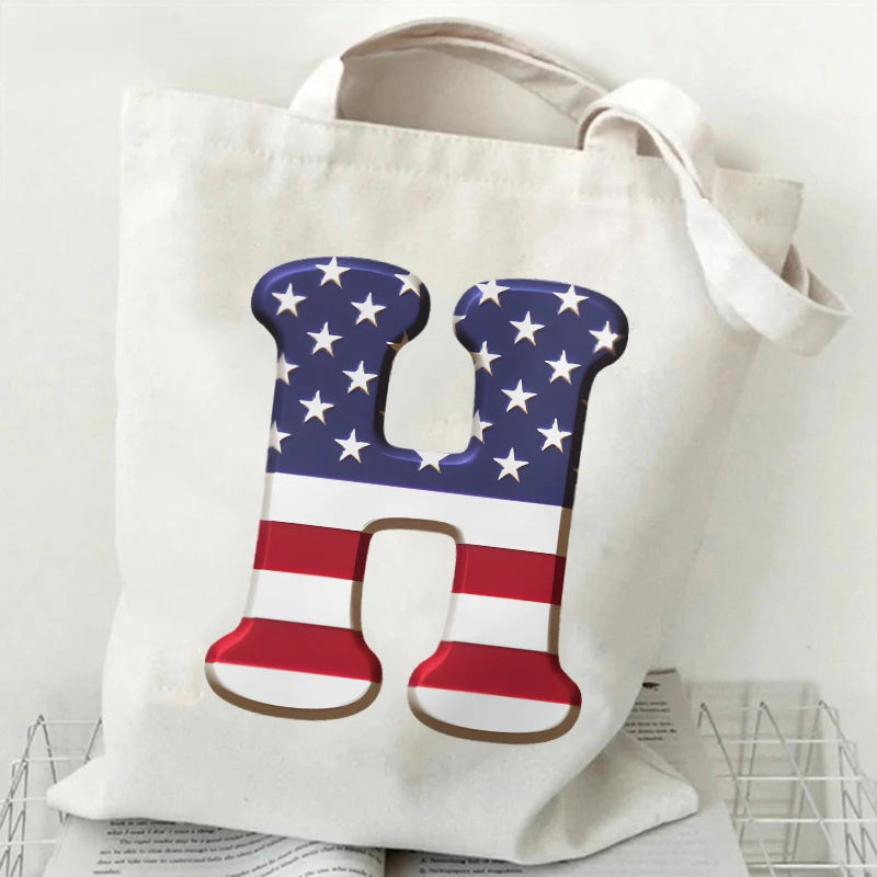 A–Z Alphabet Canvas Tote Bag – American Flag Print Y2K Aesthetic Handbag