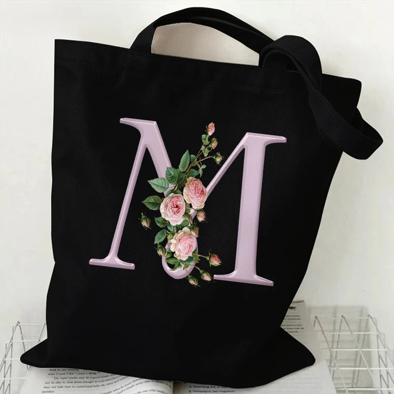 Trendy Women’s Canvas Tote – Aesthetic Alphabet Roses Shoulder Bag