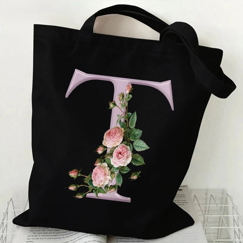 Trendy Women’s Canvas Tote – Aesthetic Alphabet Roses Shoulder Bag