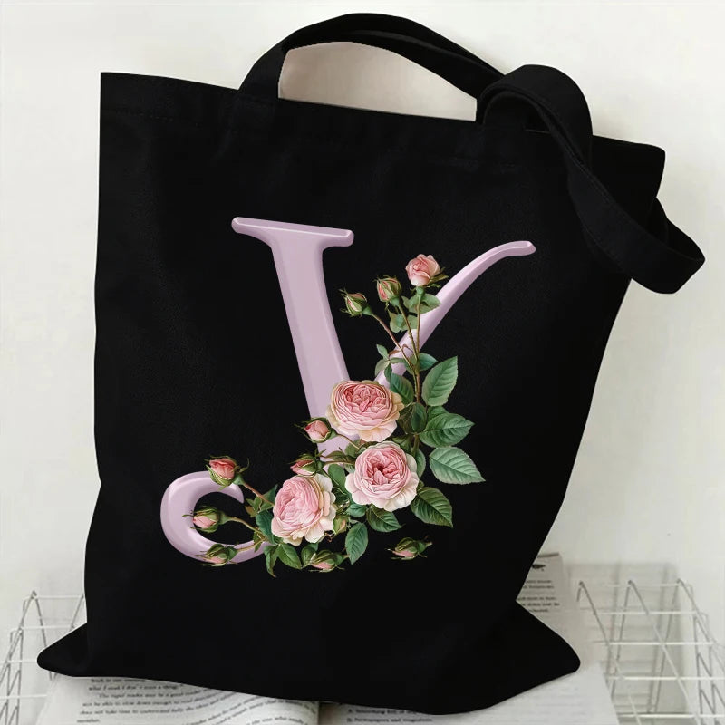 Trendy Women’s Canvas Tote – Aesthetic Alphabet Roses Shoulder Bag
