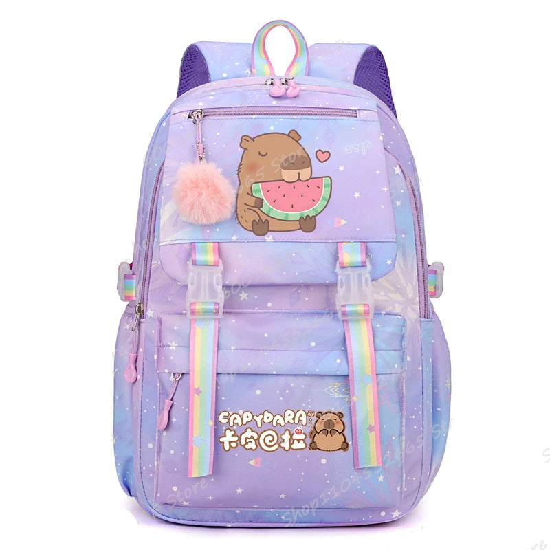 Capybara Cartoon School Backpack - Cute Watermelon Print Bag for Kids & Teens