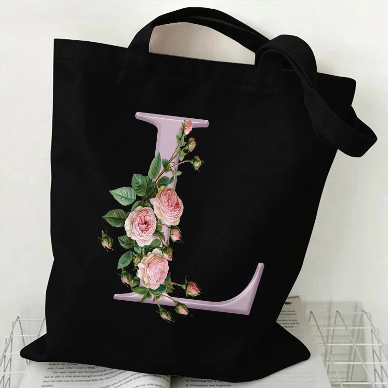 Trendy Women’s Canvas Tote – Aesthetic Alphabet Roses Shoulder Bag