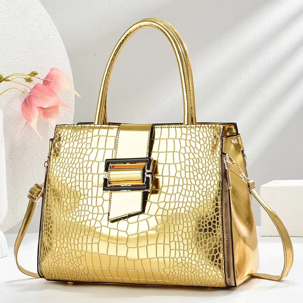 Luxury Top-Handle Handbag – PU Crocodile Pattern Crossbody Bag