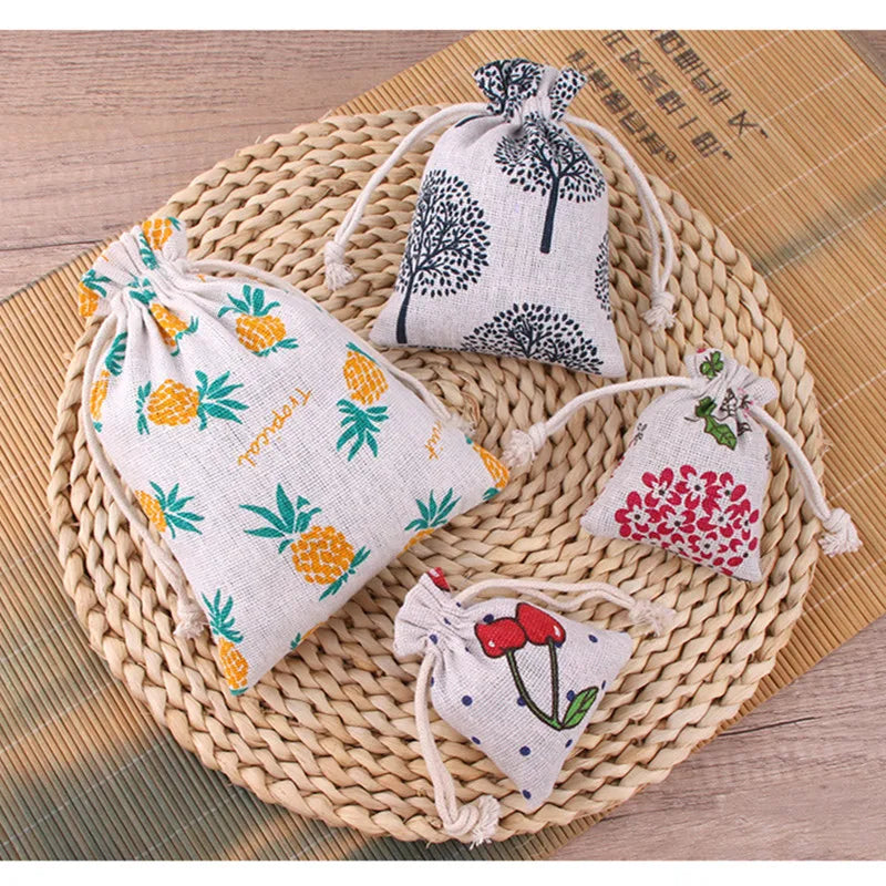 Cartoon Print Linen Drawstring Gift Bag