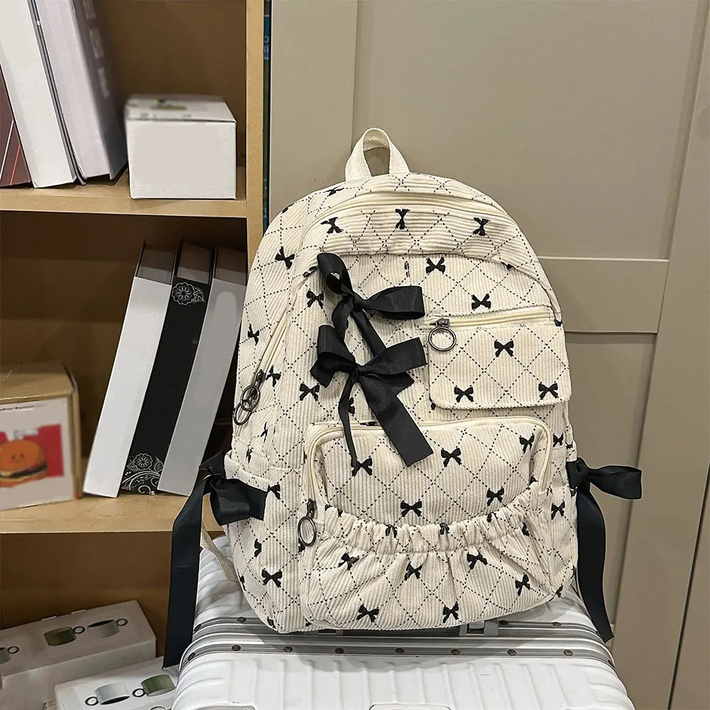 Corduroy Bow School bag  – Versatile Korean Style Backpack