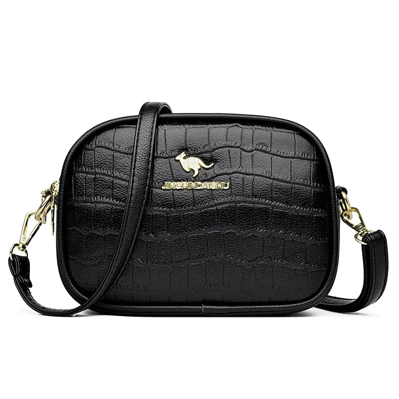 Elegant Triple-Zip Handbag – Croc-Texture PU Leather Crossbody Bag