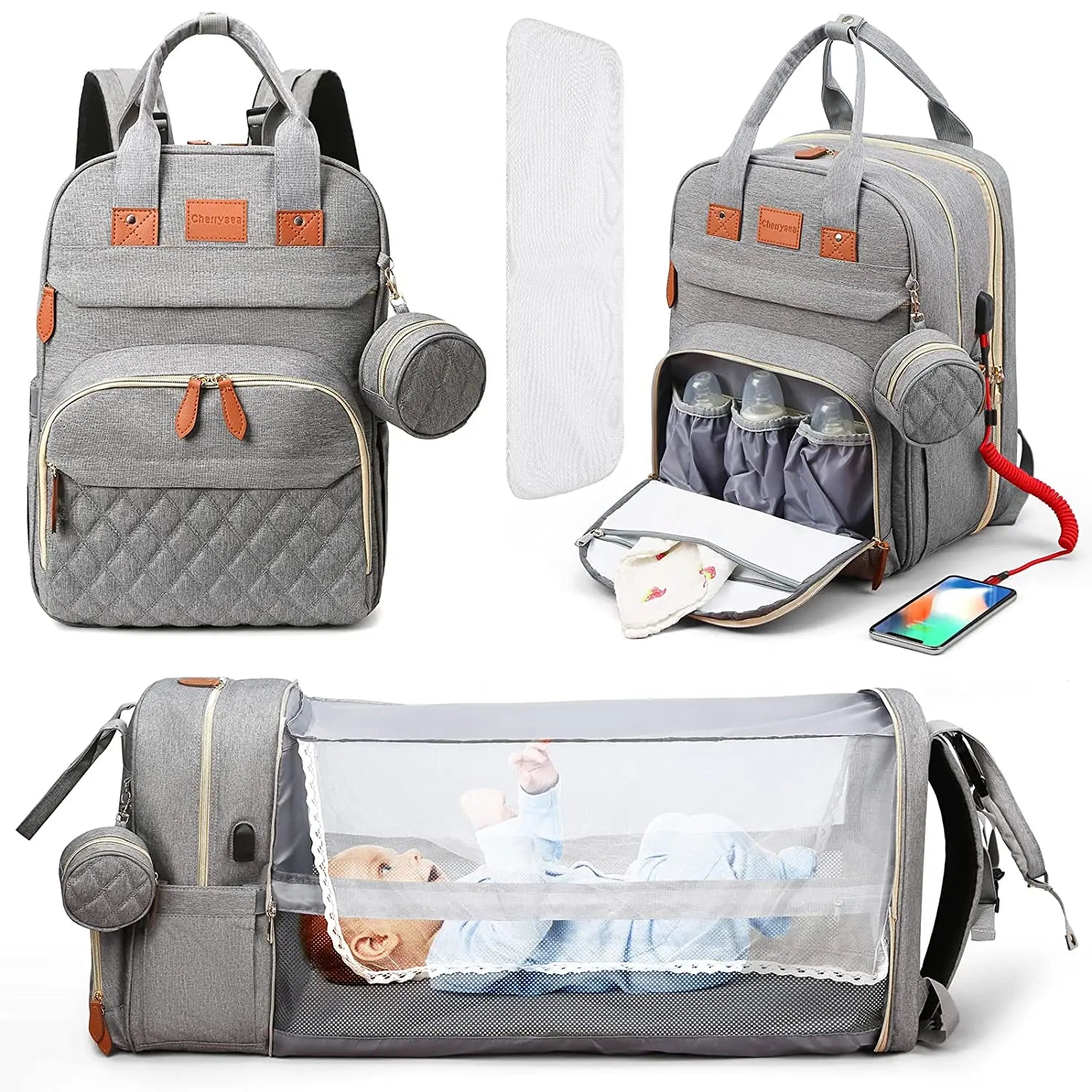 3-in-1 Diaper Bag Backpack with Foldable Baby Bed & USB Charging