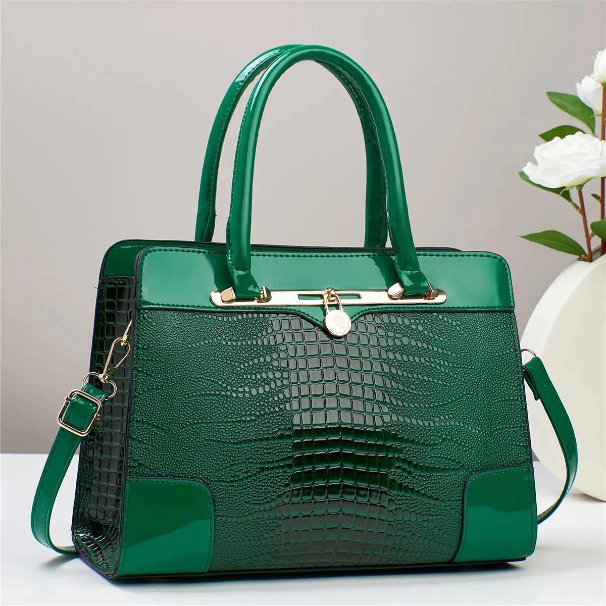 Fashion Glossy Satchel Purse Crocodile Pattern Handbag