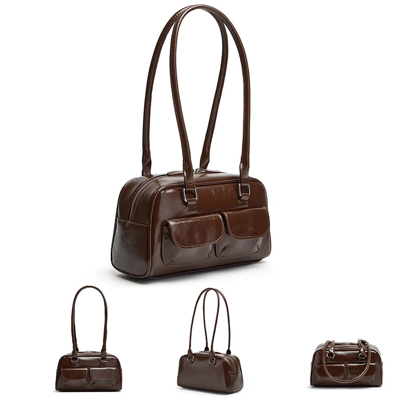 Oil Wax Leather Bowling Bag – Multi-Pocket Handbag
