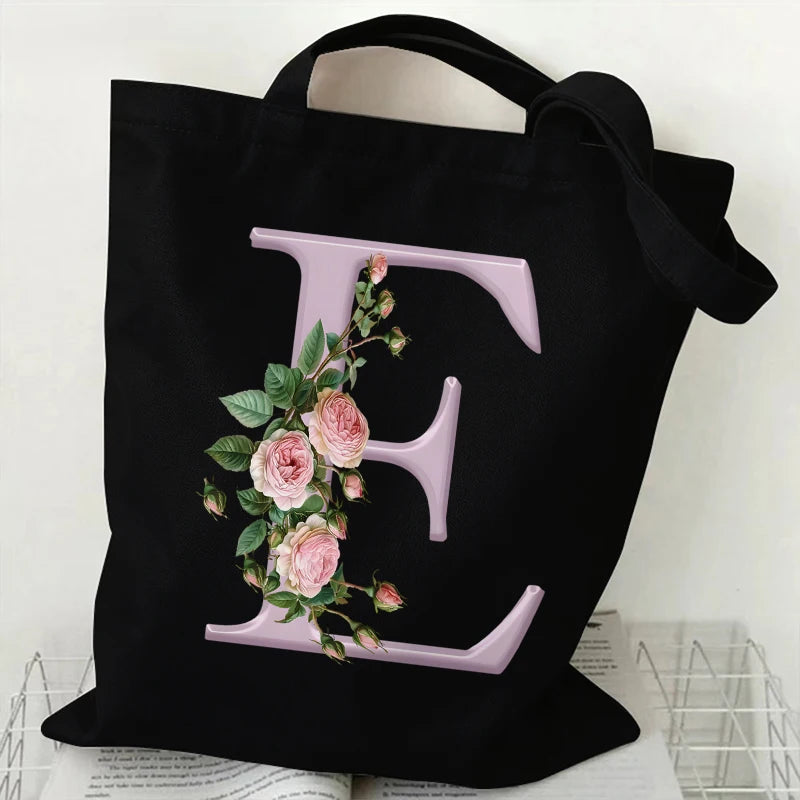 Trendy Women’s Canvas Tote – Aesthetic Alphabet Roses Shoulder Bag