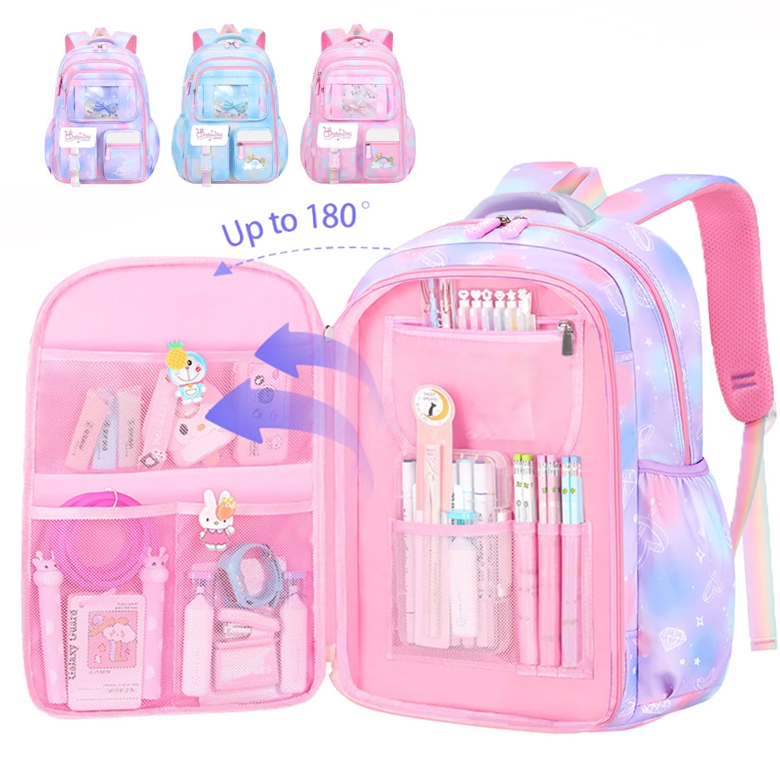 3Pcs Girls Backpack Set – Waterproof School Bag with Lunch & Pencil Case
