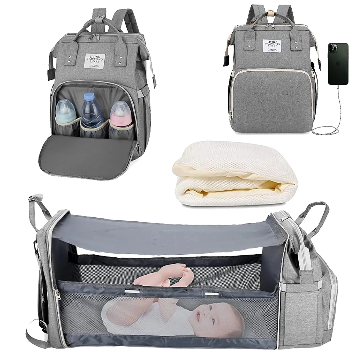 3-in-1 Diaper Bag Backpack with Foldable Baby Bed & USB Charging