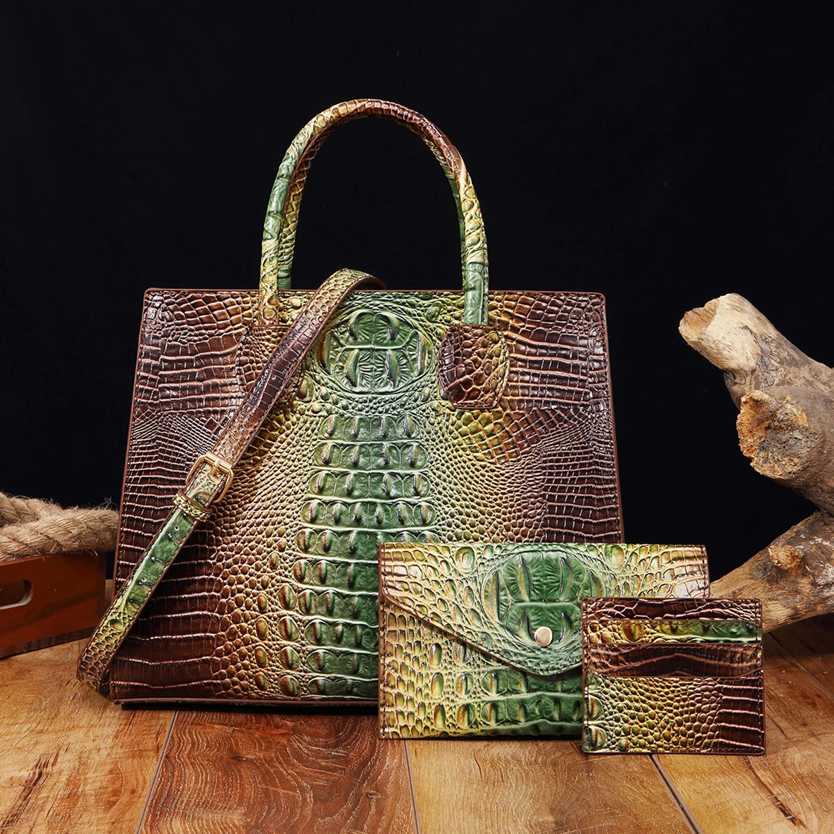3-Piece Crocodile Pattern Handbag– Vintage Top Handle Bag, Crossbody Purse