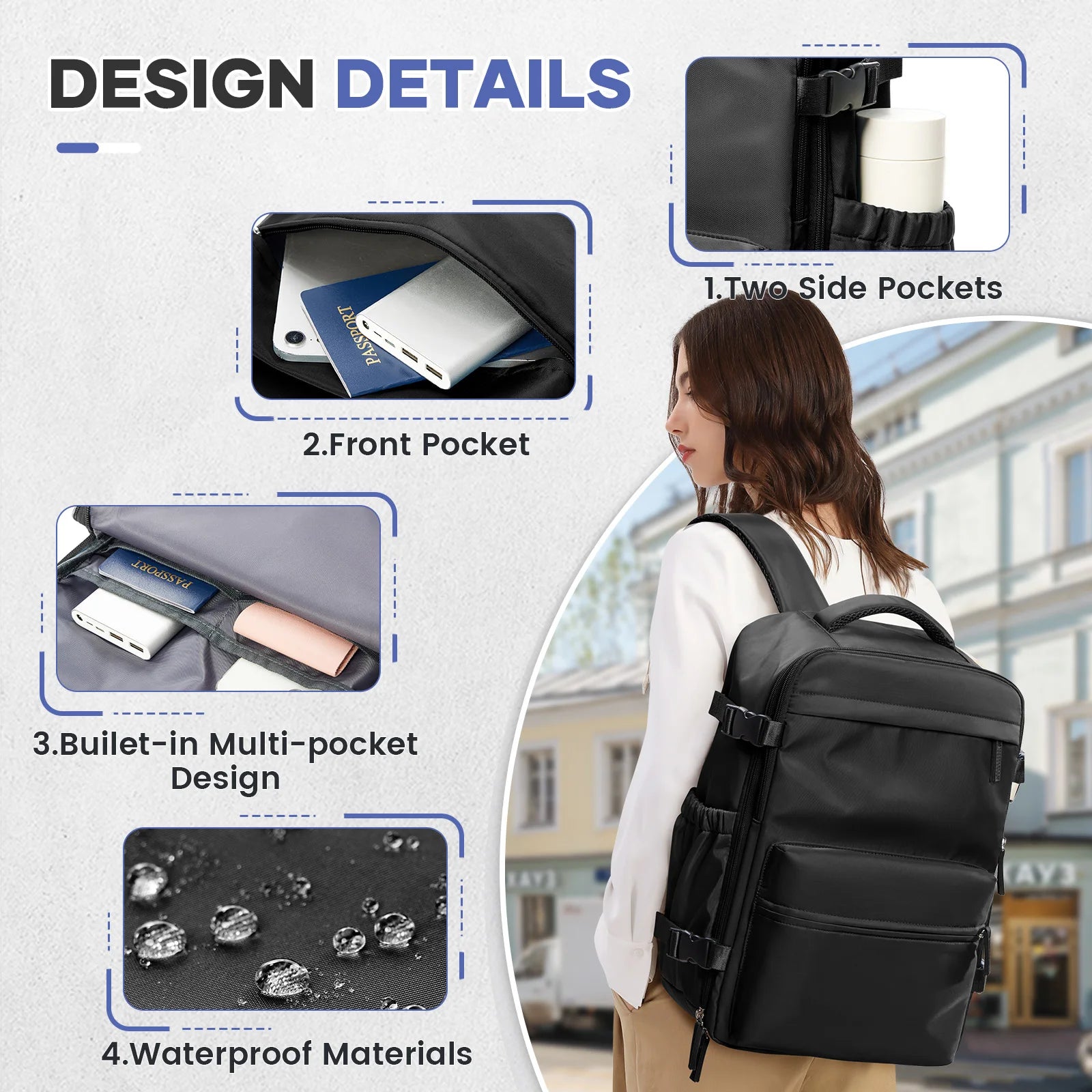 Smart Compression Travel Backpack – Fits 15.6" Laptop, 40x20x25 Travel Size