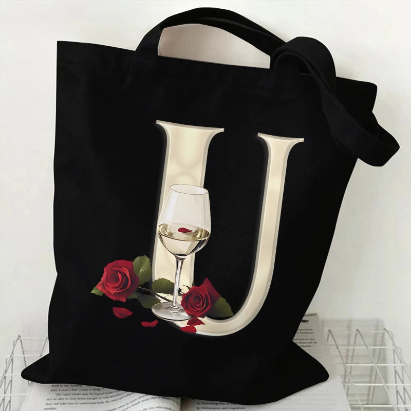 Fashion A–Z Letter Rose Print Tote Bag for Women
