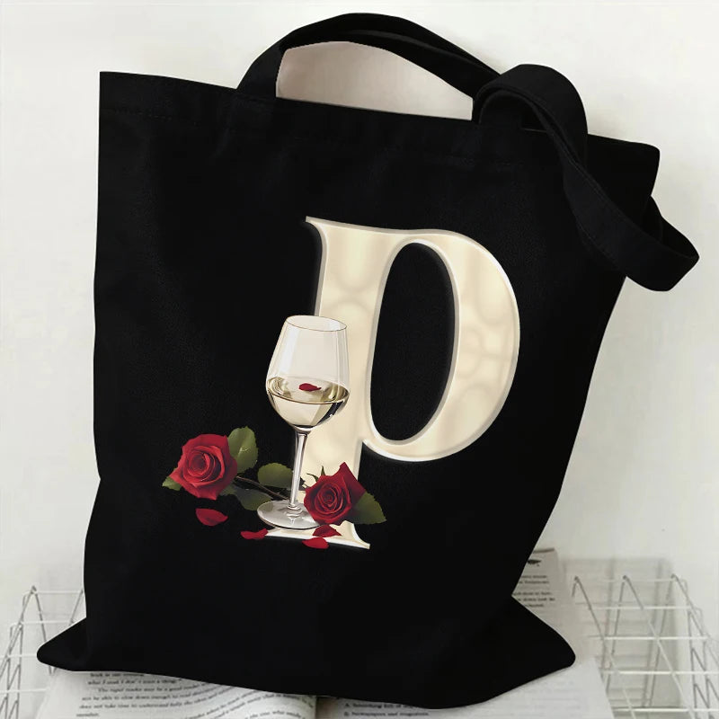 Fashion A–Z Letter Rose Print Tote Bag for Women