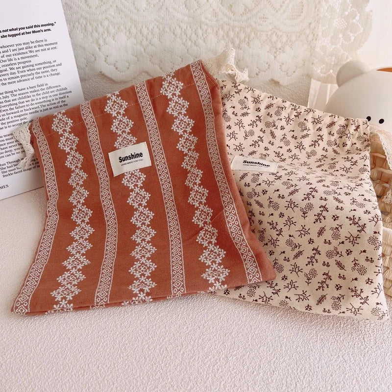 Flower Print Cotton Drawstring Bag