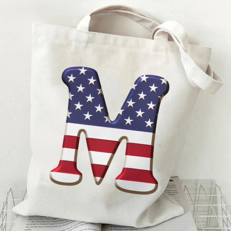 A–Z Alphabet Canvas Tote Bag – American Flag Print Y2K Aesthetic Handbag