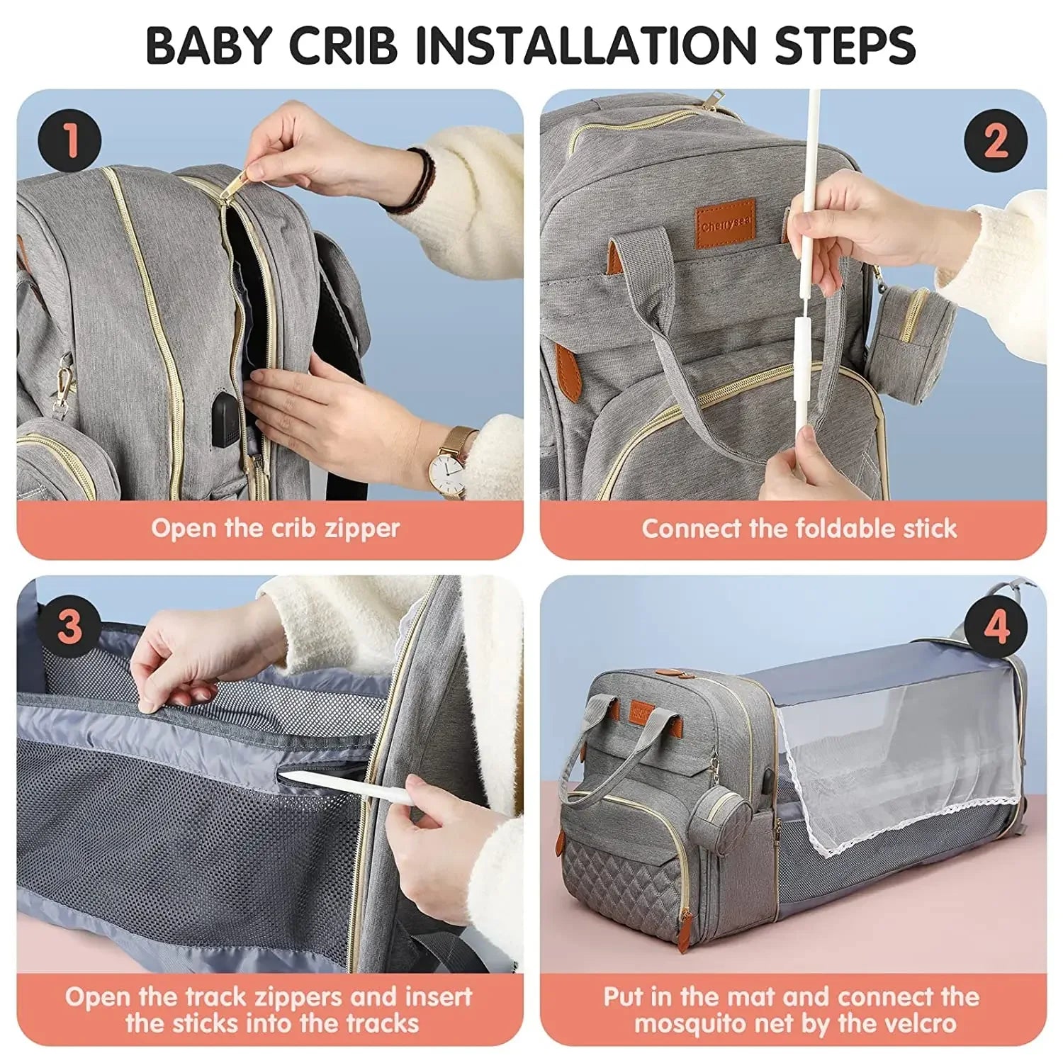 3-in-1 Baby Diaper Bag with Foldable Crib & USB Port – Waterproof Maternity Backpack