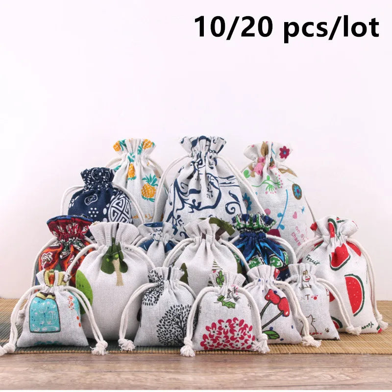 Cartoon Print Linen Drawstring Gift Bag