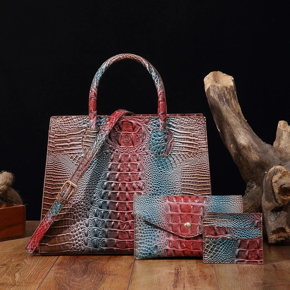 3-Piece Crocodile Pattern Handbag– Vintage Top Handle Bag, Crossbody Purse