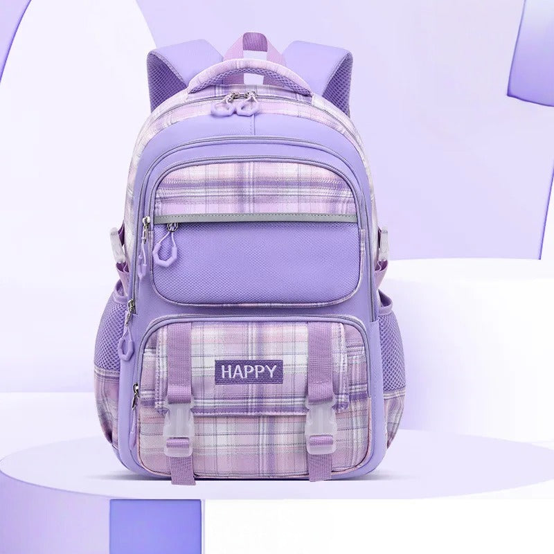 Purple Plaid School Backpack-Waterproof Kids Bag
