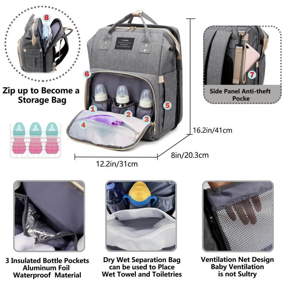 Lightweight Foldable Crib Baby Diaper Bag – Large Capacity Travel Maternity Backpack for Moms