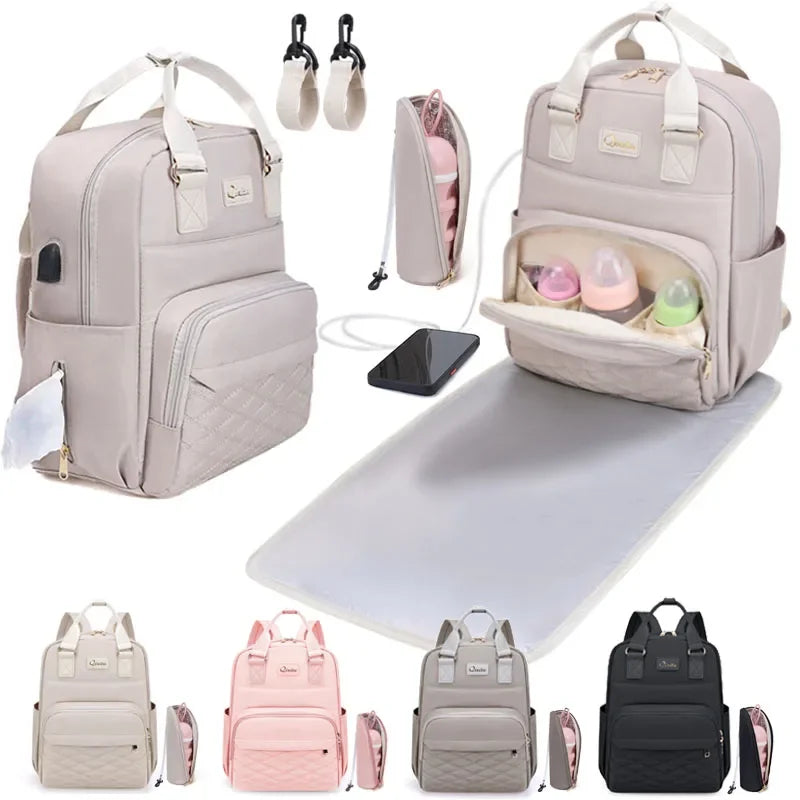 Portable Diaper Backpack with USB Charging Port for Moms