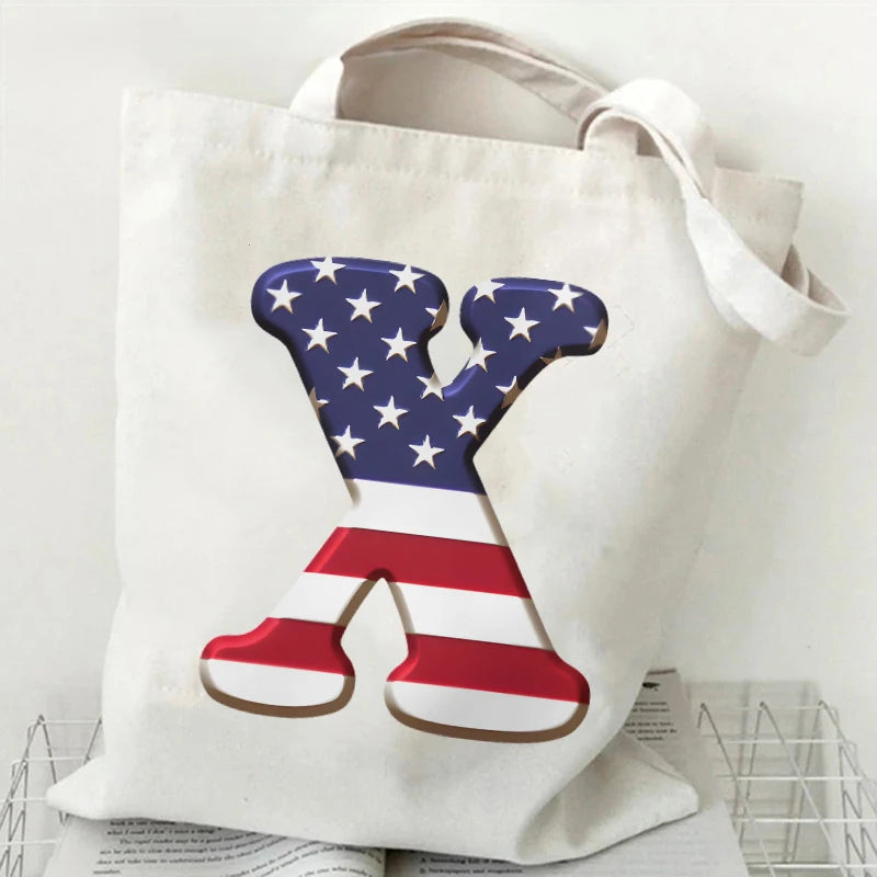 A–Z Alphabet Canvas Tote Bag – American Flag Print Y2K Aesthetic Handbag