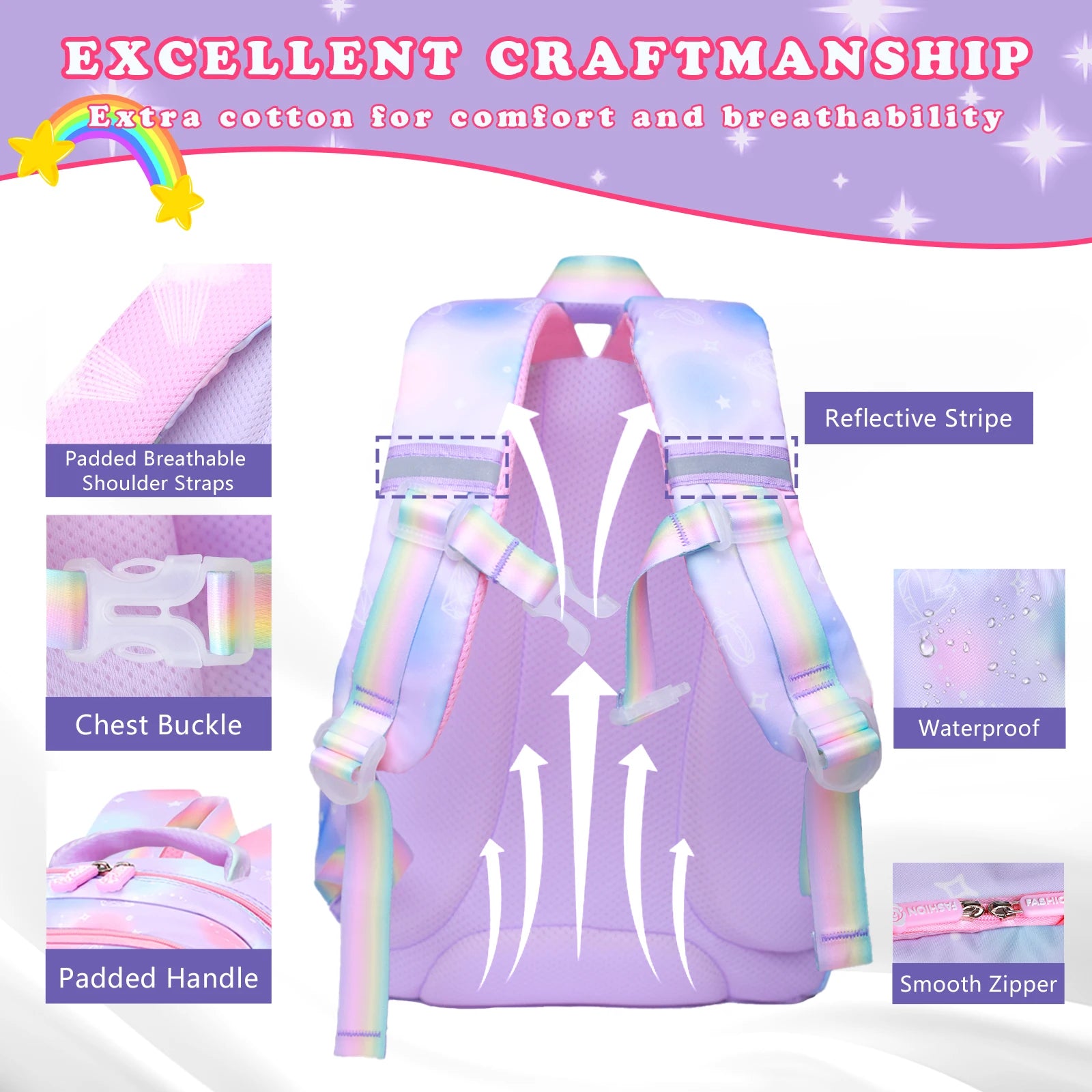 3Pcs Girls Backpack Set – Waterproof School Bag with Lunch & Pencil Case