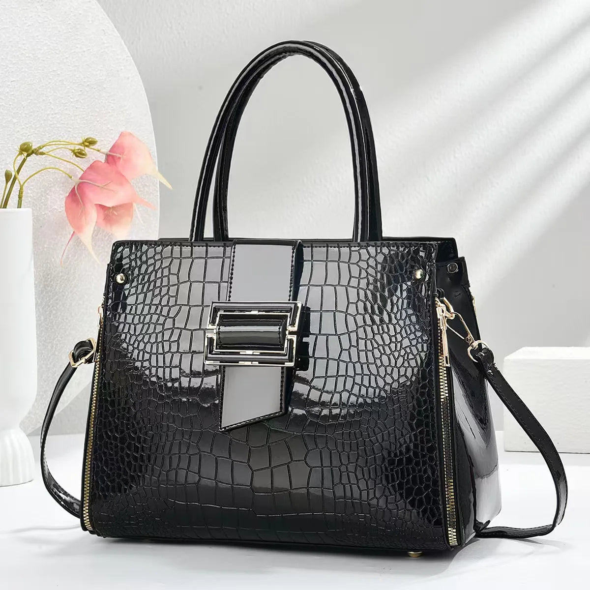 Luxury Top-Handle Handbag – PU Crocodile Pattern Crossbody Bag