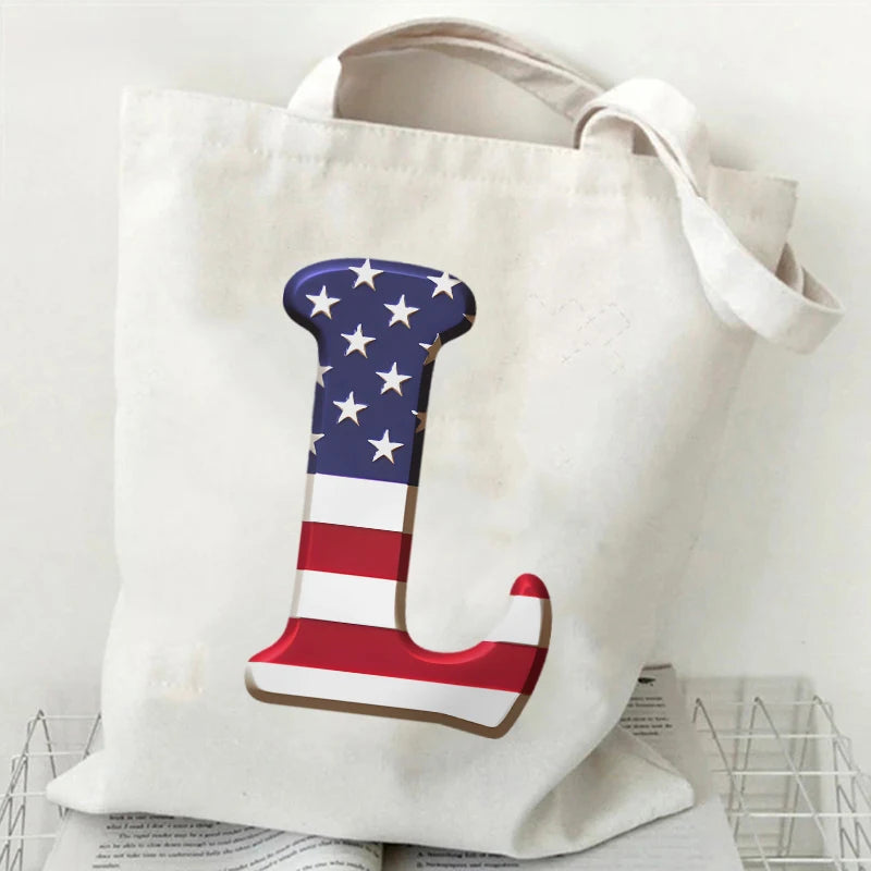 A–Z Alphabet Canvas Tote Bag – American Flag Print Y2K Aesthetic Handbag