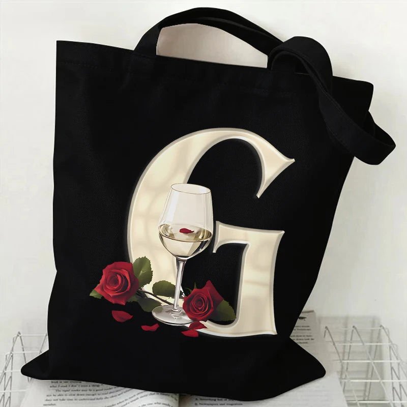 Fashion A–Z Letter Rose Print Tote Bag for Women
