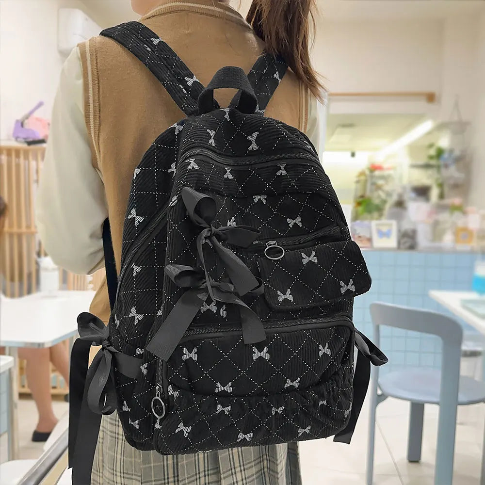 Corduroy Bow School bag  – Versatile Korean Style Backpack