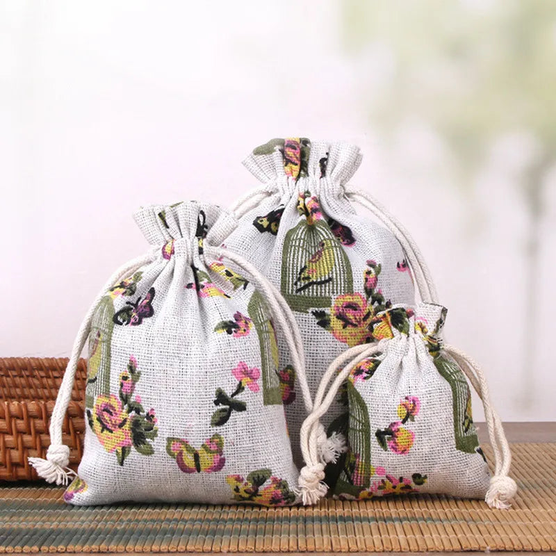 Mini Cartoon Linen  Drawstring Pouches