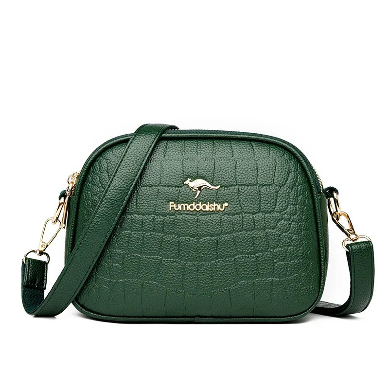 Elegant Triple-Zip Handbag – Croc-Texture PU Leather Crossbody Bag