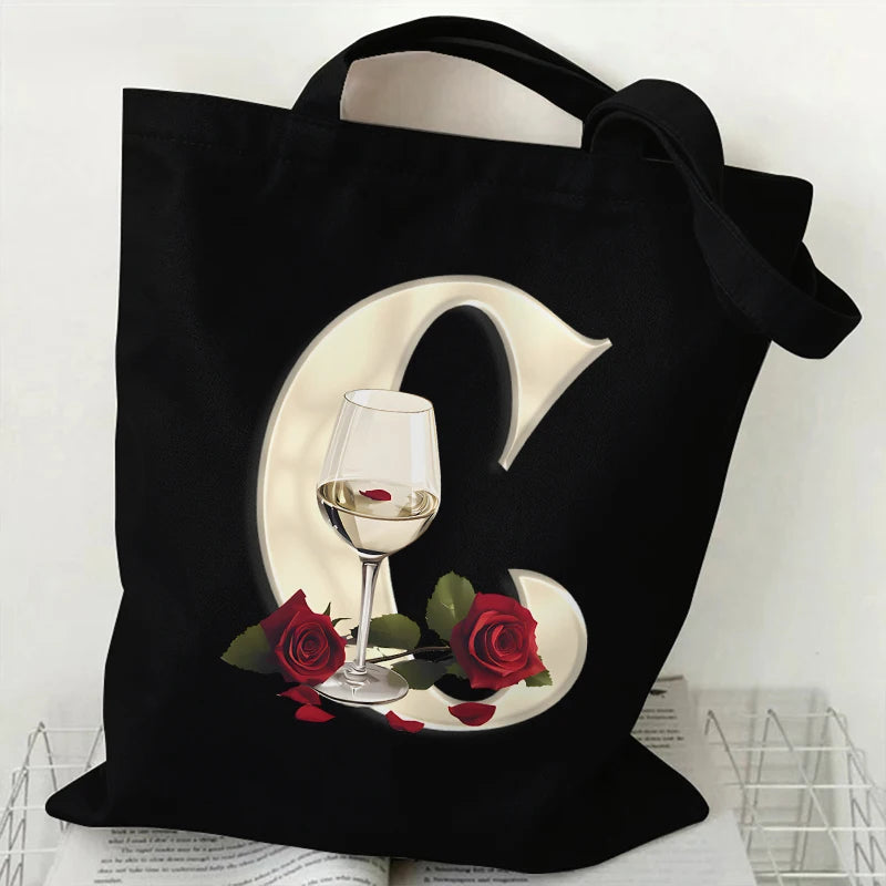 Fashion A–Z Letter Rose Print Tote Bag for Women