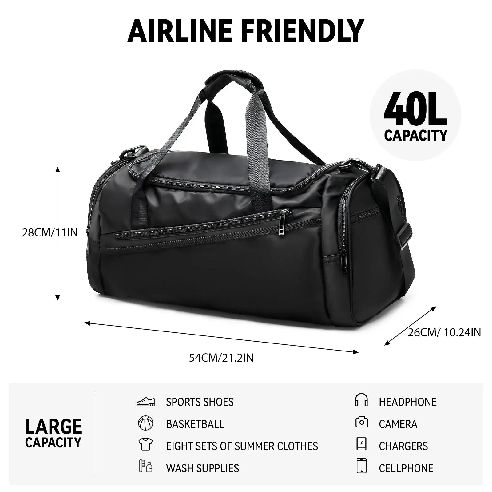 40L Sports Gym Duffel Bag – Lightweight Foldable Travel Bag