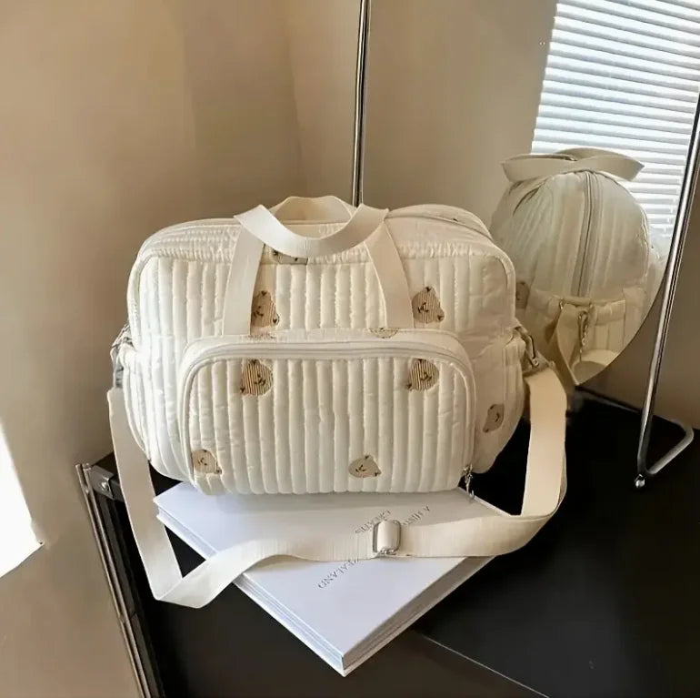 Nylon Diaper Bag with Bear Embroidery – Stroller Clip Travel Mommy Bag