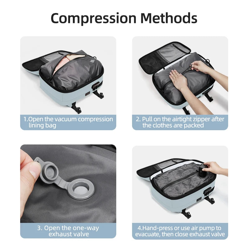 16-Inch Waterproof Travel Laptop Backpack – Vacuum Compression, USB Charging