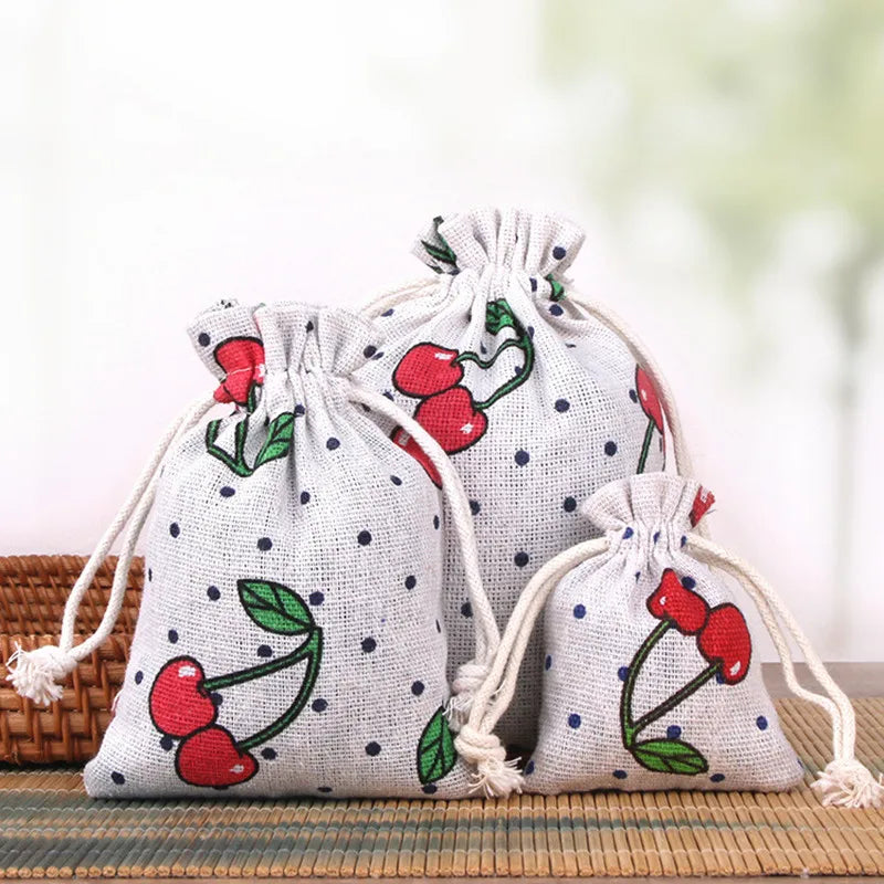 Cartoon Print Linen Drawstring Gift Bag