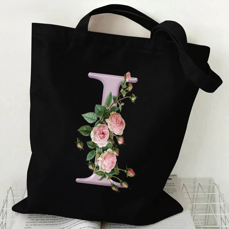 Trendy Women’s Canvas Tote – Aesthetic Alphabet Roses Shoulder Bag