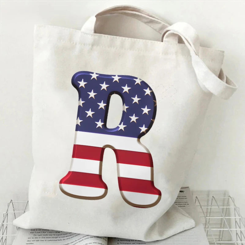 A–Z Alphabet Canvas Tote Bag – American Flag Print Y2K Aesthetic Handbag