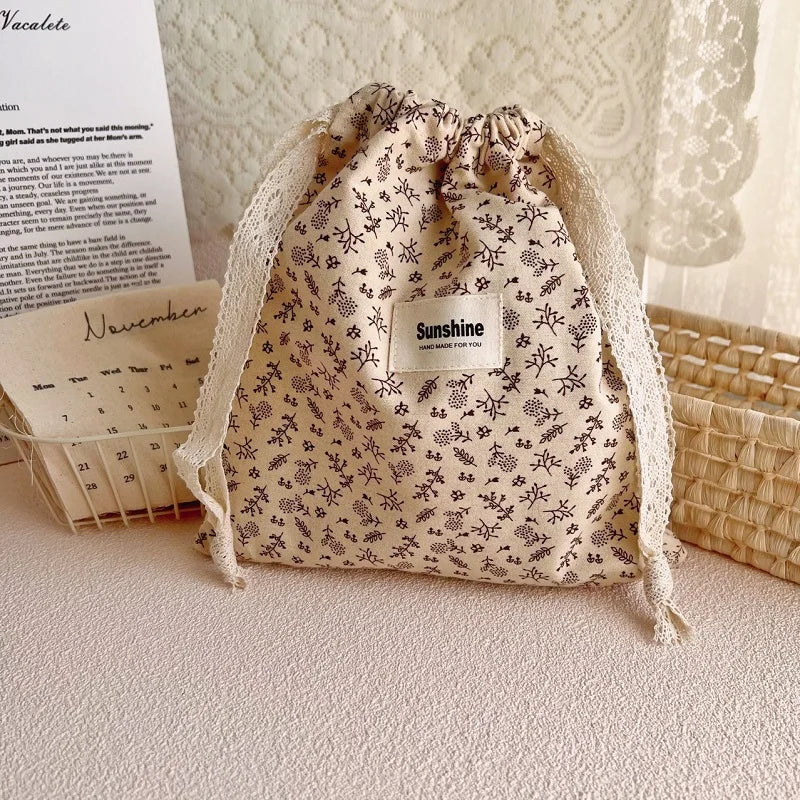 Flower Print Cotton Drawstring Bag