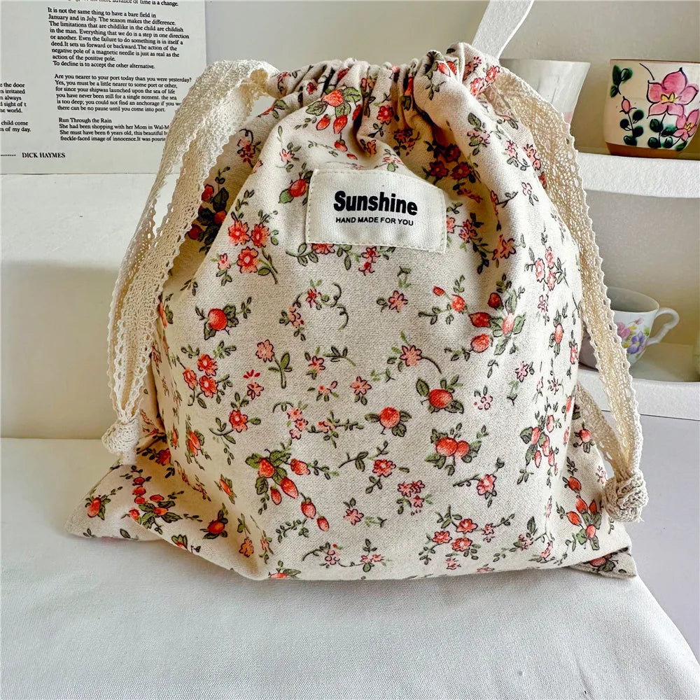 Flower Print Cotton Drawstring Bag