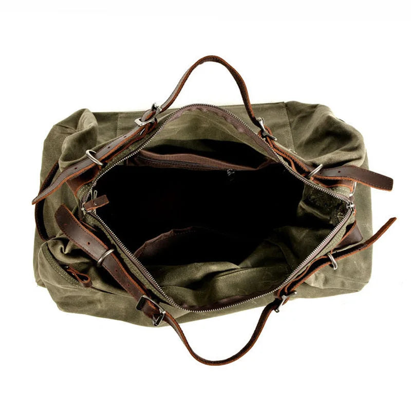 Military-Style Oil Wax Canvas Duffel Bag – Large Capacity Retro Travel Bag