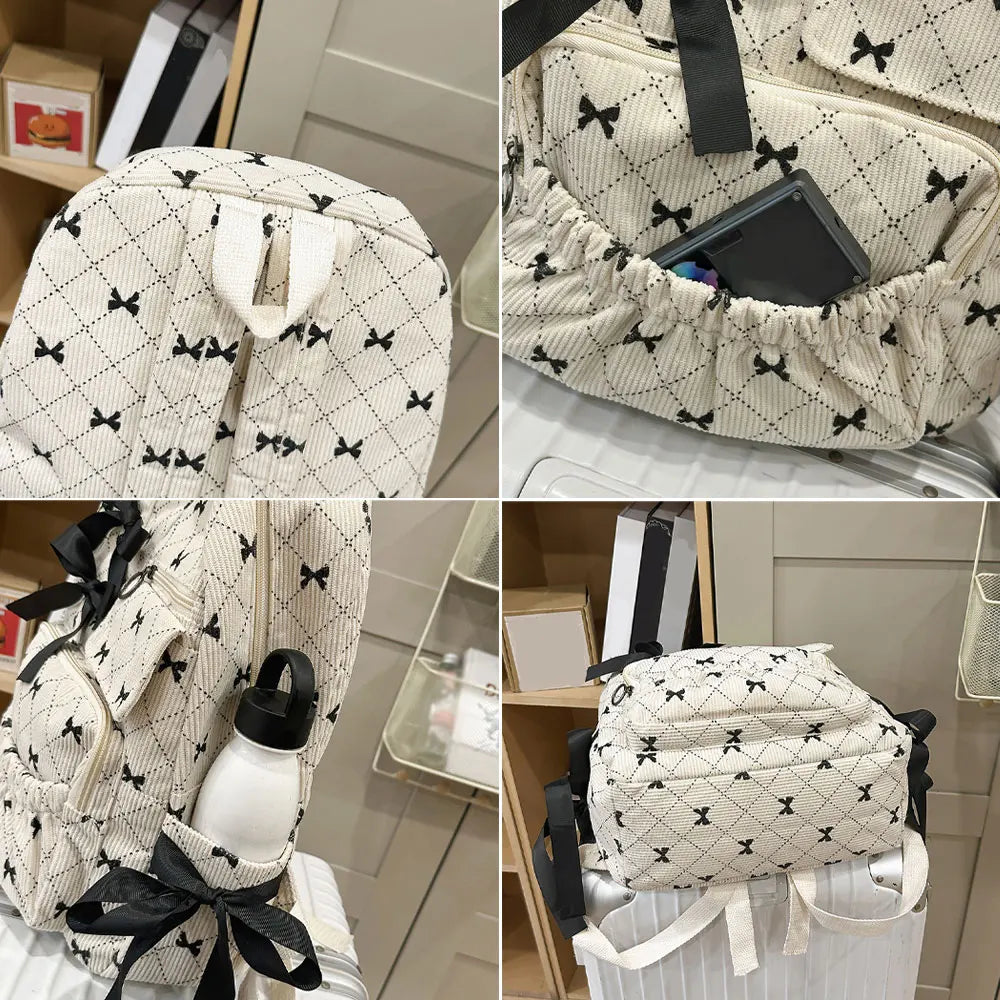 Corduroy Bow School bag  – Versatile Korean Style Backpack