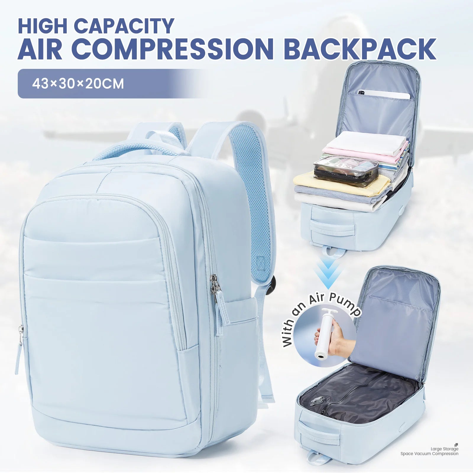 Cabin Backpack 40x30x20 – Compression Travel Bag with Pump