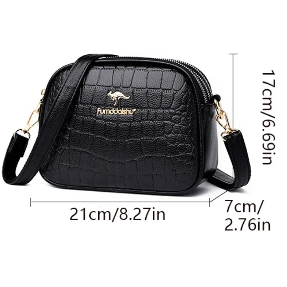 Elegant Triple-Zip Handbag – Croc-Texture PU Leather Crossbody Bag